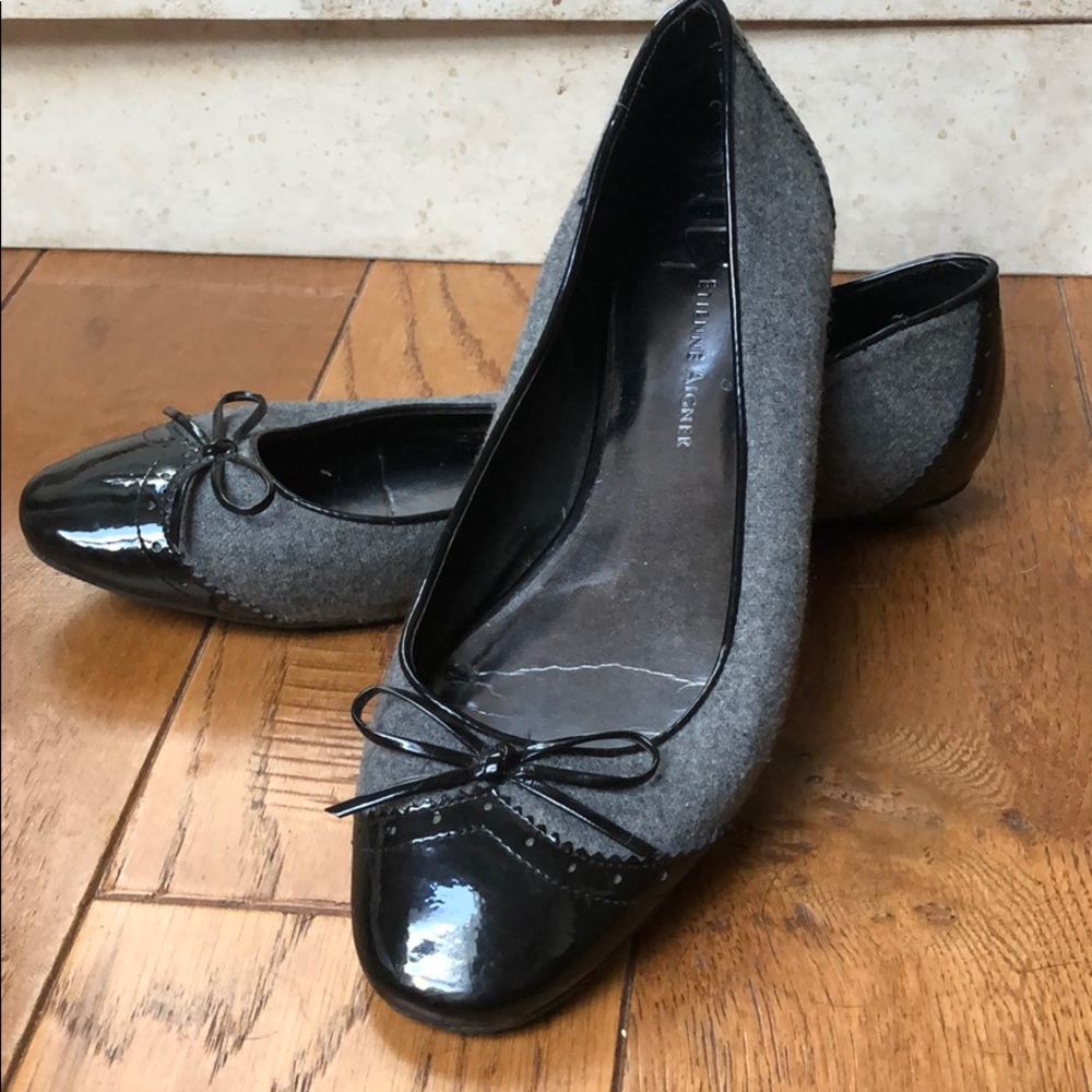 Etienne Aigner Gray Wool/Black Patent Flats, 10